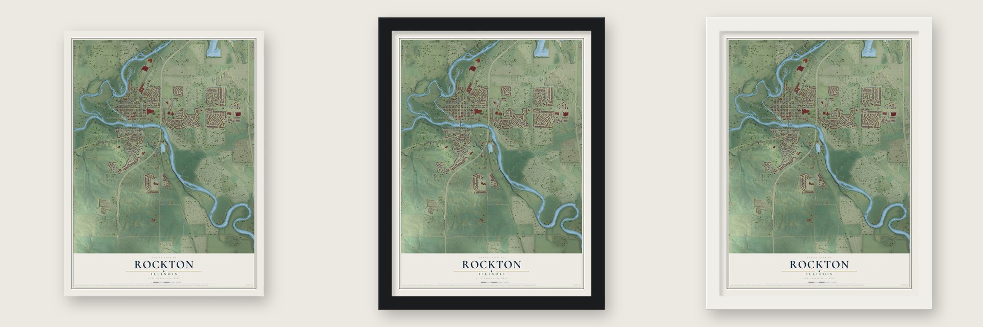 Rockton, Illinois map unframed, in a black wood frame and in a white wood frame