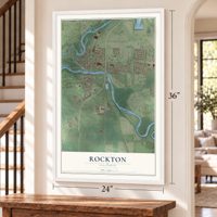 Rockton, Illinois map, 24 x 36 inch print in a white frame by a staircase