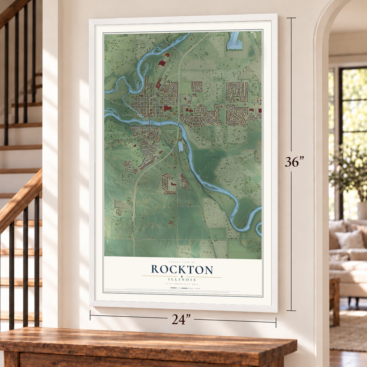 Rockton, Illinois map, 24 x 36 inch print in a white frame by a staircase