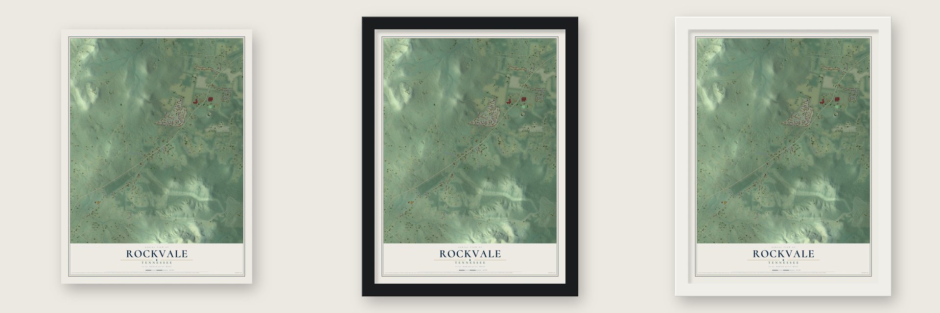 Rockvale, Tennessee map unframed, in a black wood frame and in a white wood frame