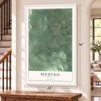 Rockvale, Tennessee map, 24 x 36 inch print in a white frame by a staircase