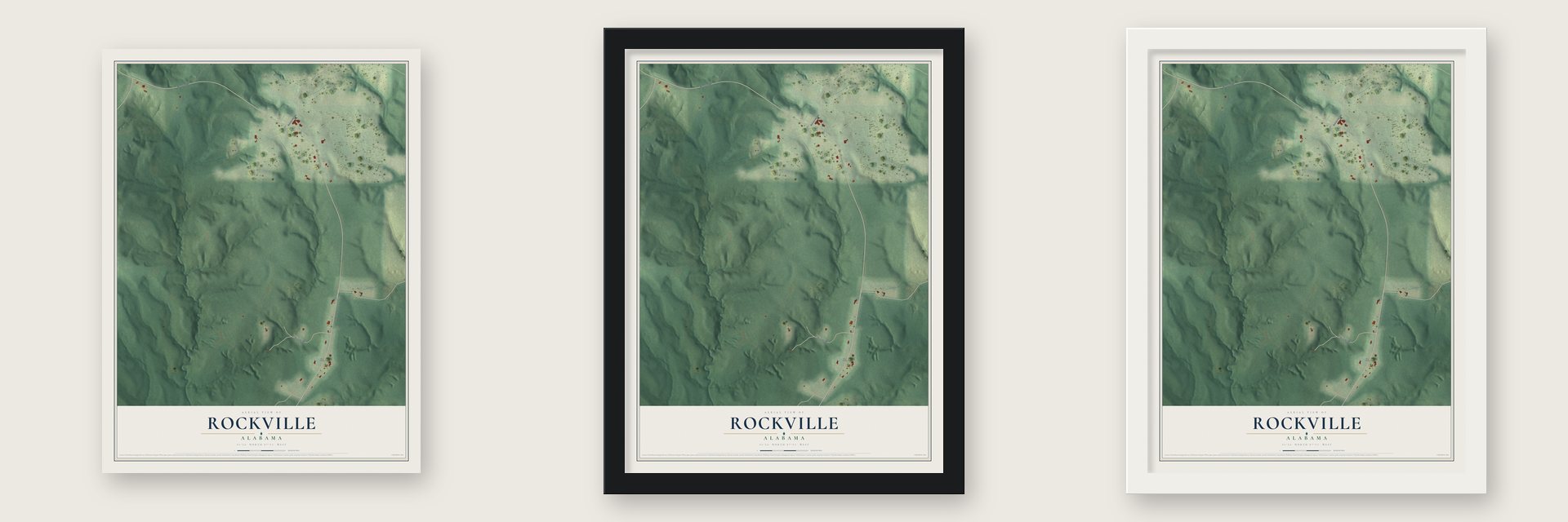 Rockville, Alabama map unframed, in a black wood frame and in a white wood frame