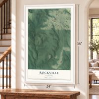 Rockville, Alabama map, 24 x 36 inch print in a white frame by a staircase