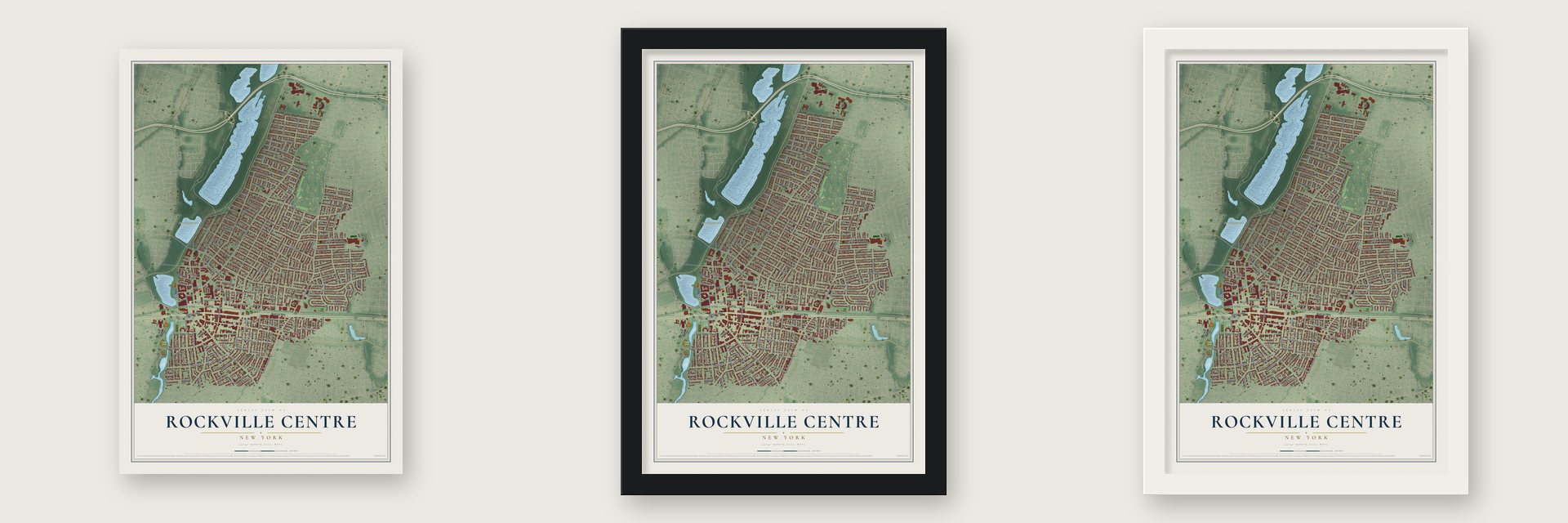 Rockville Centre, New York map unframed, in a black wood frame and in a white wood frame