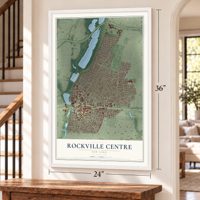 Rockville Centre, New York map, 24 x 36 inch print in a white frame by a staircase
