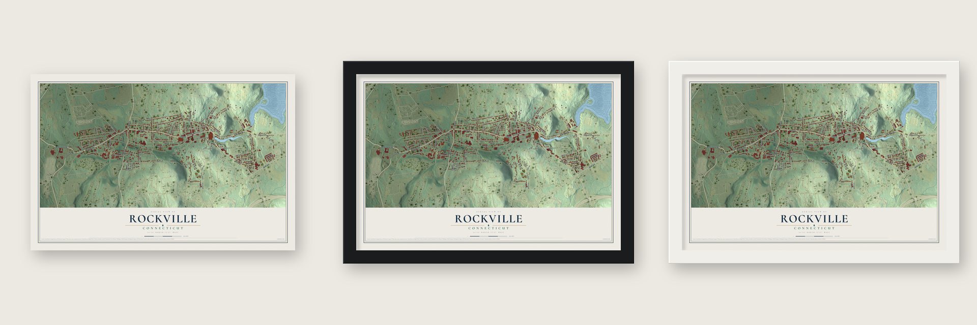 Rockville, Connecticut map unframed, in a black wood frame and in a white wood frame