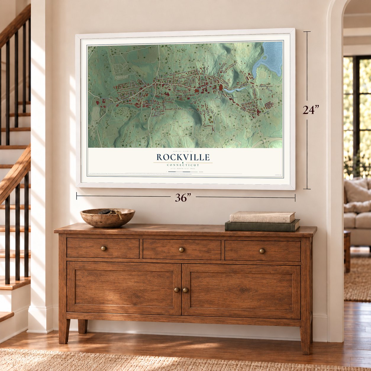 Rockville, Connecticut map, 24 x 36 inch print in a white frame above a dresser by a staircase