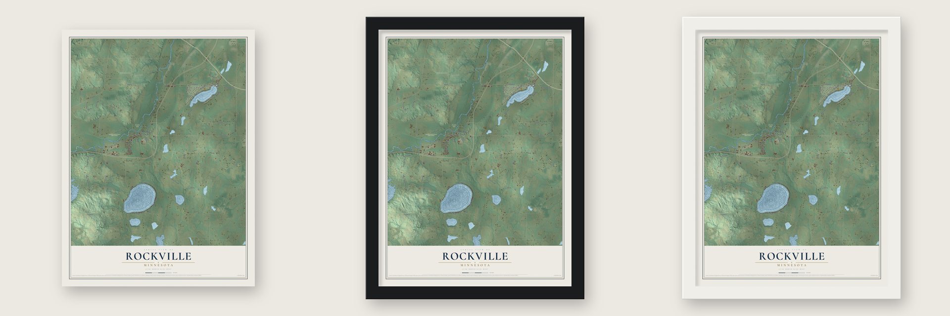 Rockville, Minnesota map unframed, in a black wood frame and in a white wood frame