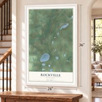Rockville, Minnesota map, 24 x 36 inch print in a white frame by a staircase