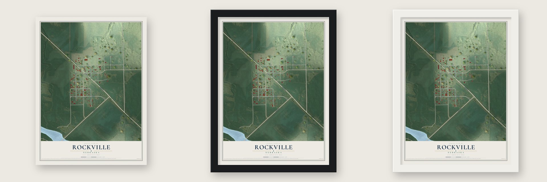 Rockville, Nebraska map unframed, in a black wood frame and in a white wood frame