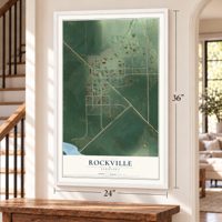 Rockville, Nebraska map, 24 x 36 inch print in a white frame by a staircase