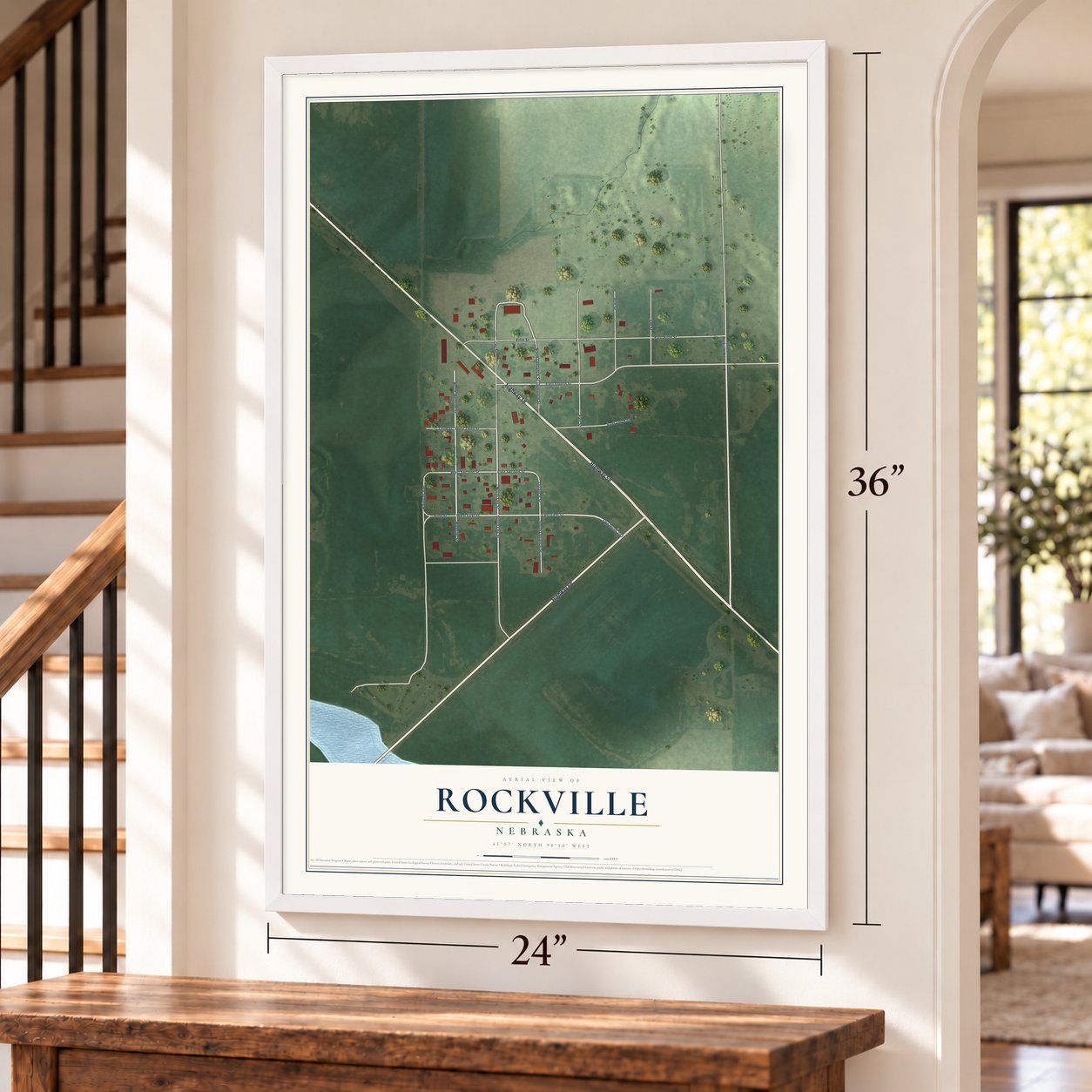 Rockville, Nebraska map, 24 x 36 inch print in a white frame by a staircase