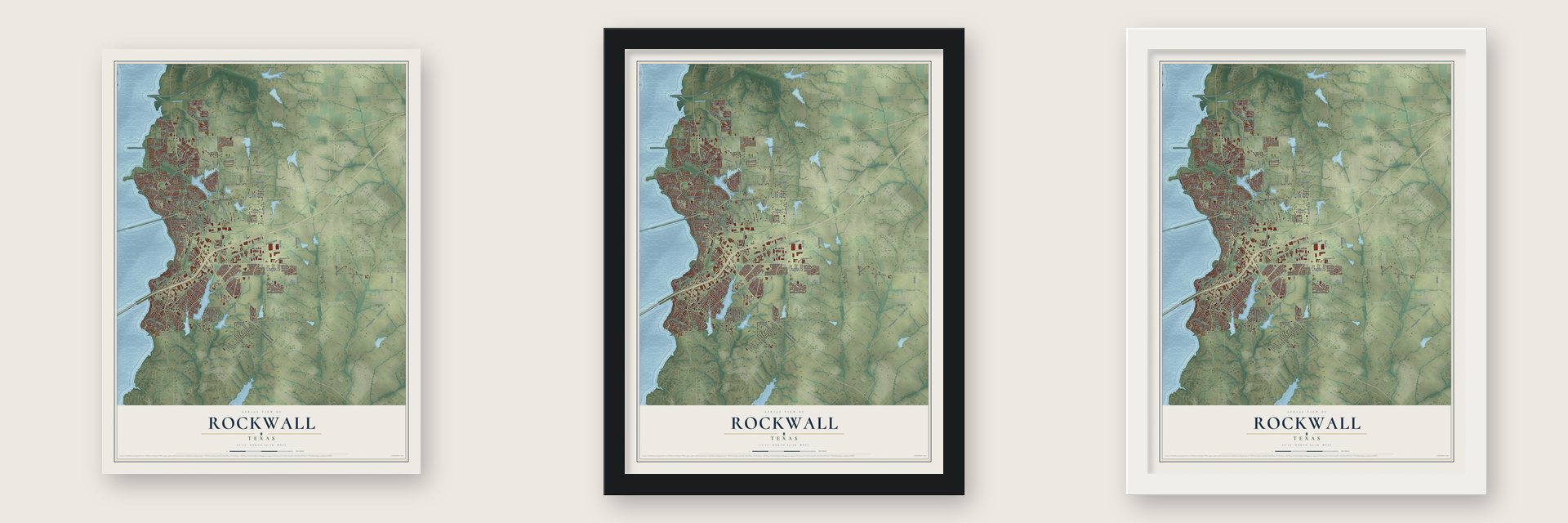 Rockwall, Texas map unframed, in a black wood frame and in a white wood frame