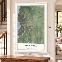 Rockwall, Texas map, 24 x 36 inch print in a white frame by a staircase
