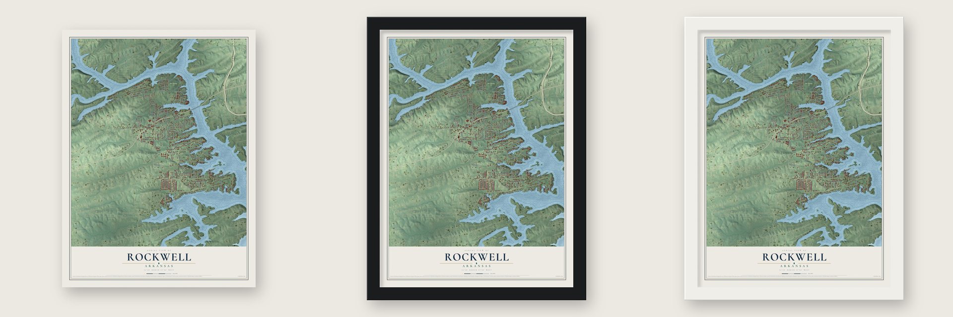 Rockwell, Arkansas map unframed, in a black wood frame and in a white wood frame