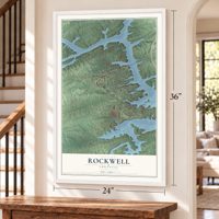 Rockwell, Arkansas map, 24 x 36 inch print in a white frame by a staircase