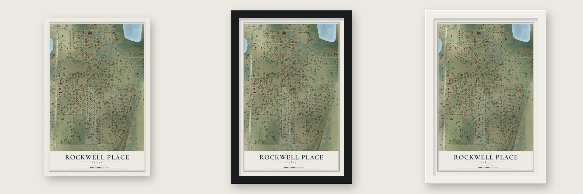 Rockwell Place, Texas map unframed, in a black wood frame and in a white wood frame