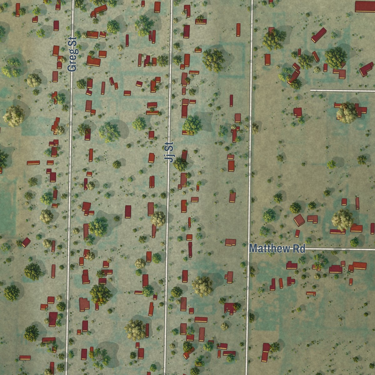 Second close-up of the map of Rockwell Place, Texas print showing more streets and buildings