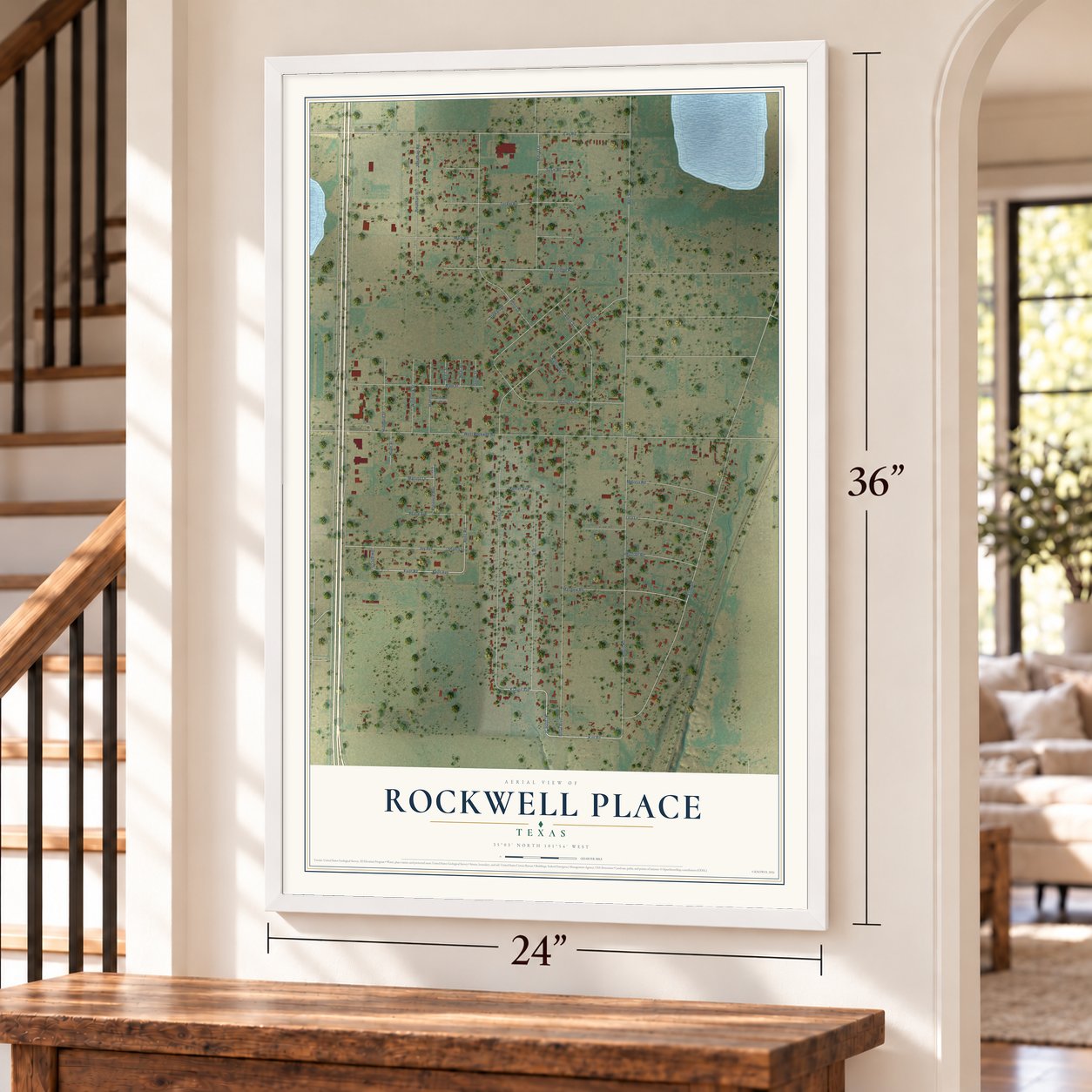 Rockwell Place, Texas map, 24 x 36 inch print in a white frame by a staircase