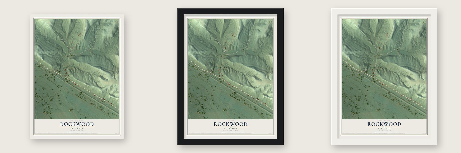 Rockwood, Illinois map unframed, in a black wood frame and in a white wood frame