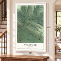 Rockwood, Illinois map, 24 x 36 inch print in a white frame by a staircase