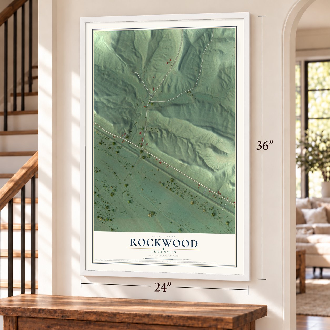 Rockwood, Illinois map, 24 x 36 inch print in a white frame by a staircase