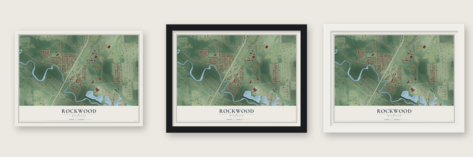 Rockwood, Michigan map unframed, in a black wood frame and in a white wood frame