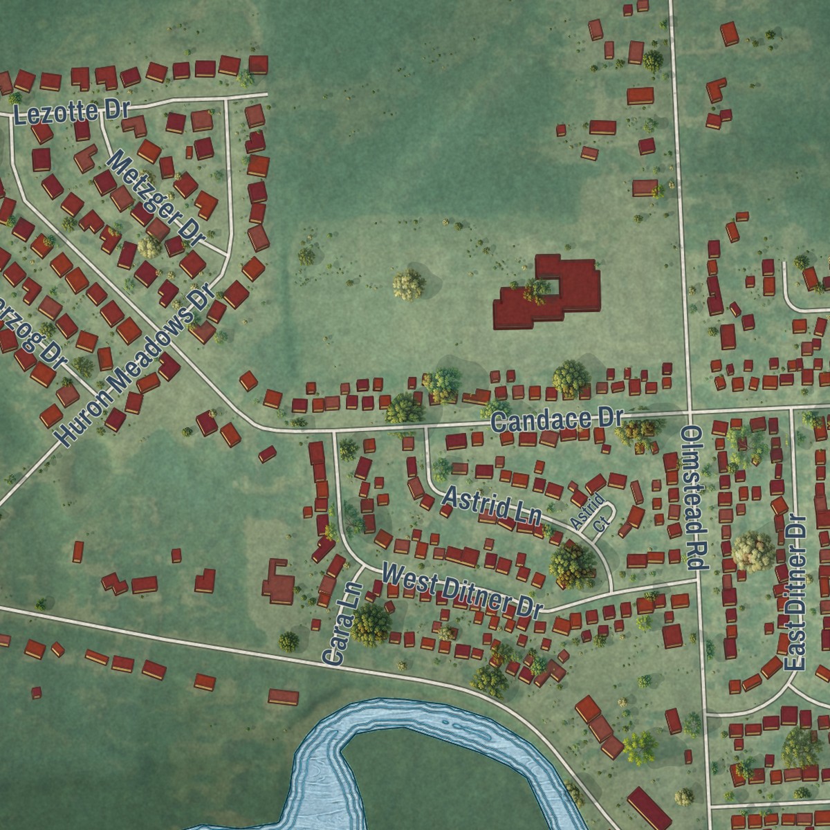 Second close-up of the map of Rockwood, Michigan print showing more streets and buildings