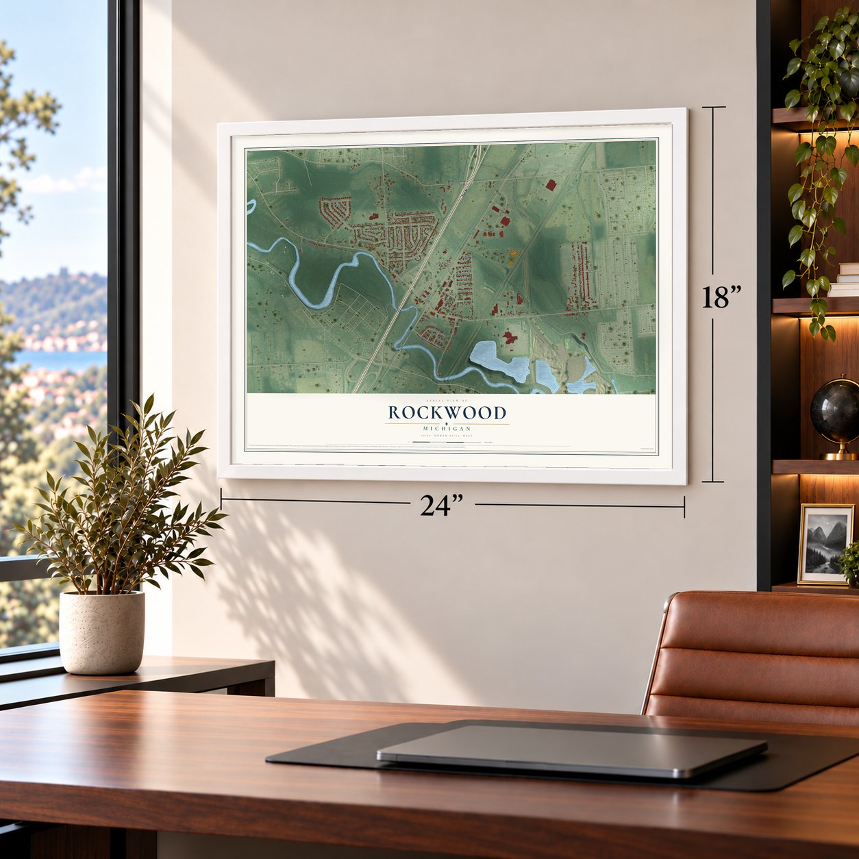 Rockwood, Michigan map, 18 x 24 inch print in a white frame in a home office