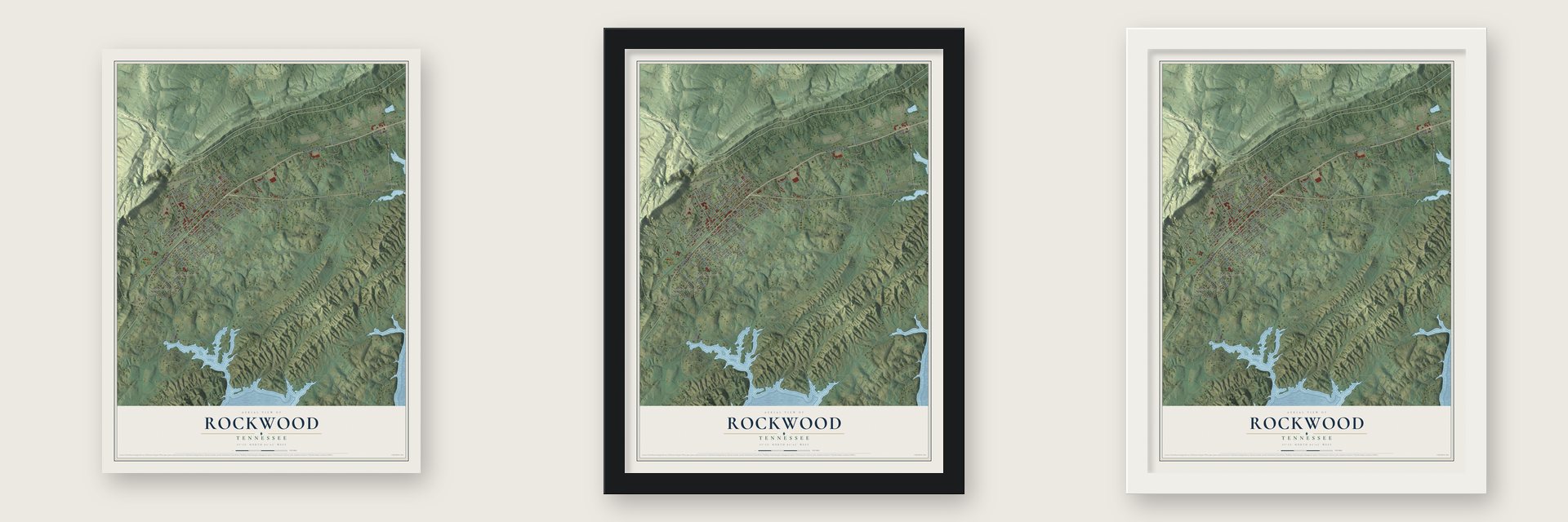 Rockwood, Tennessee map unframed, in a black wood frame and in a white wood frame
