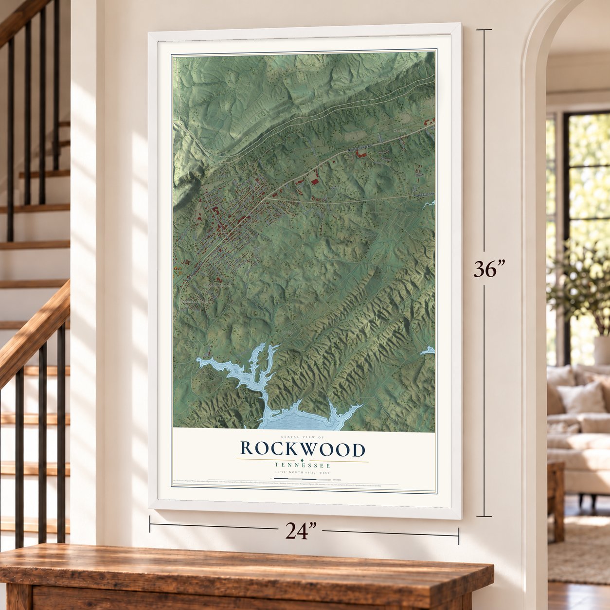 Rockwood, Tennessee map, 24 x 36 inch print in a white frame by a staircase