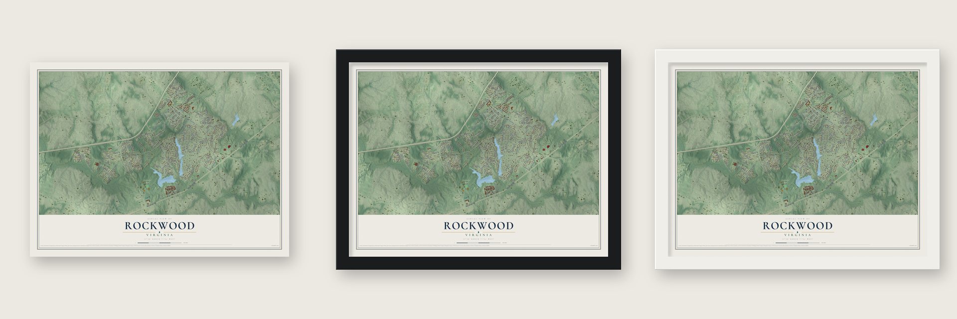 Rockwood, Virginia map unframed, in a black wood frame and in a white wood frame