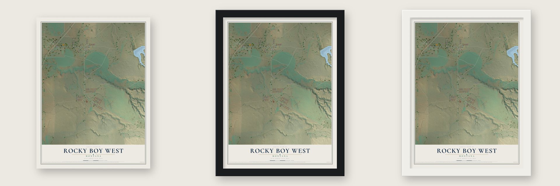 Rocky Boy West, Montana map unframed, in a black wood frame and in a white wood frame