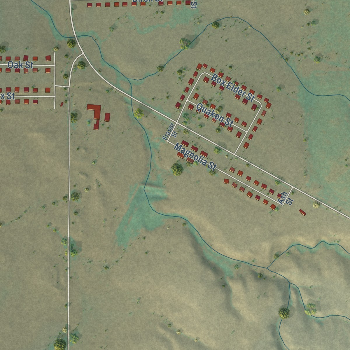Second close-up of the map of Rocky Boy West, Montana print showing more streets and buildings