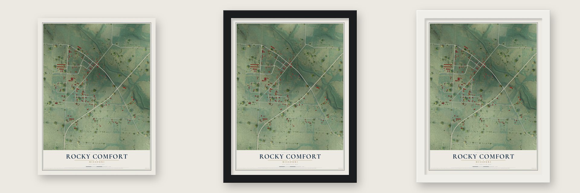 Rocky Comfort, Missouri map unframed, in a black wood frame and in a white wood frame