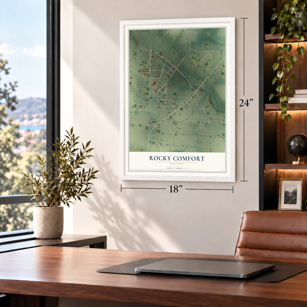 Rocky Comfort, Missouri map, 18 x 24 inch print in a white frame in a home office