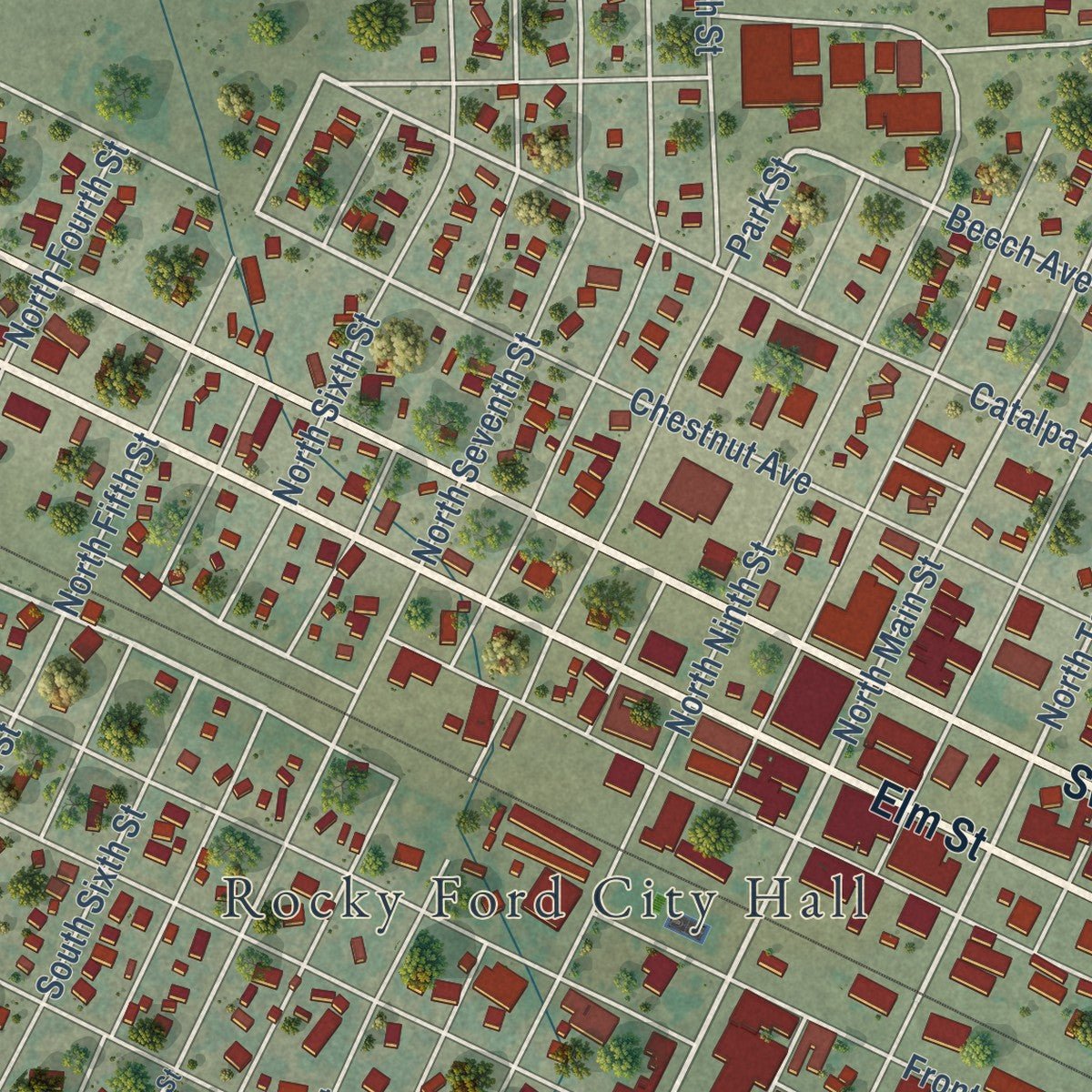 Second close-up of the map of Rocky Ford, Colorado print showing more streets and buildings