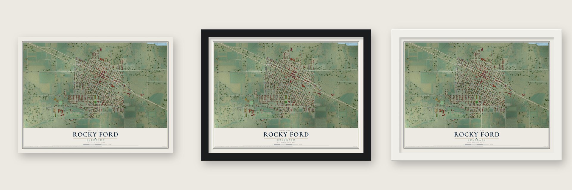 Rocky Ford, Colorado map unframed, in a black wood frame and in a white wood frame