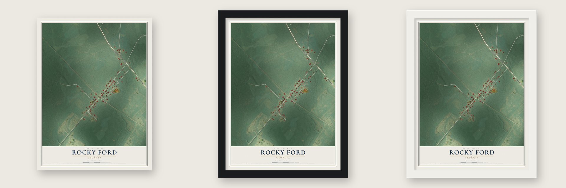 Rocky Ford, Georgia map unframed, in a black wood frame and in a white wood frame