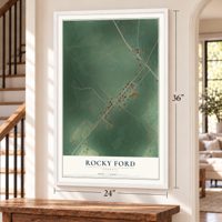 Rocky Ford, Georgia map, 24 x 36 inch print in a white frame by a staircase
