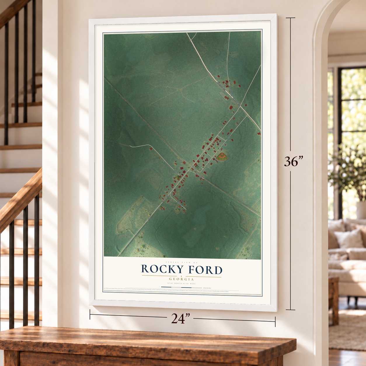 Rocky Ford, Georgia map, 24 x 36 inch print in a white frame by a staircase