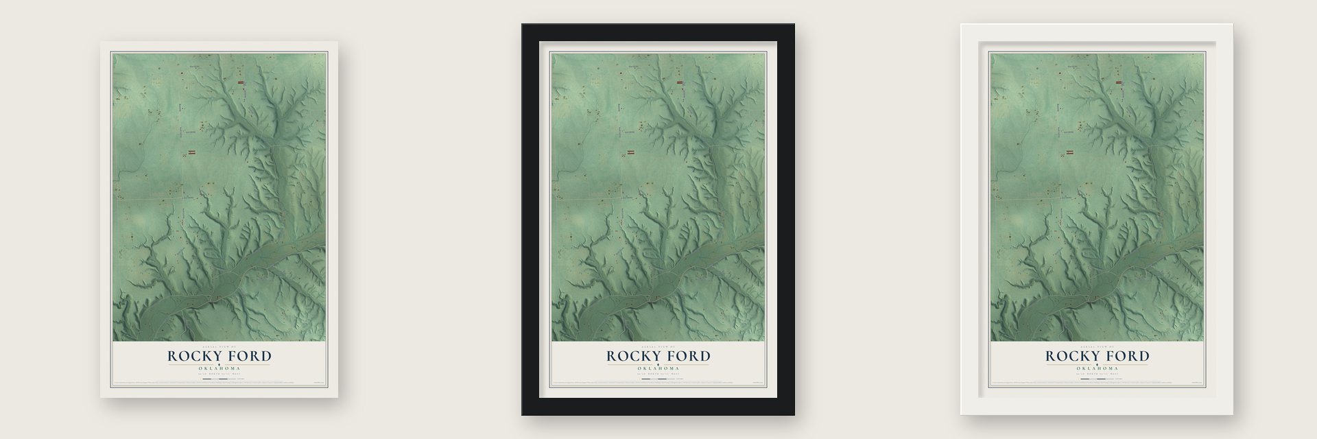Rocky Ford, Oklahoma map unframed, in a black wood frame and in a white wood frame