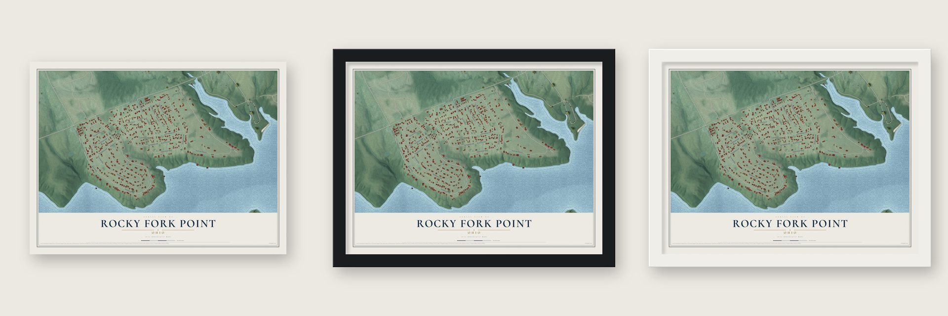 Rocky Fork Point, Ohio map unframed, in a black wood frame and in a white wood frame