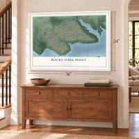 Rocky Fork Point, Ohio map, 24 x 36 inch print in a white frame above a dresser by a staircase