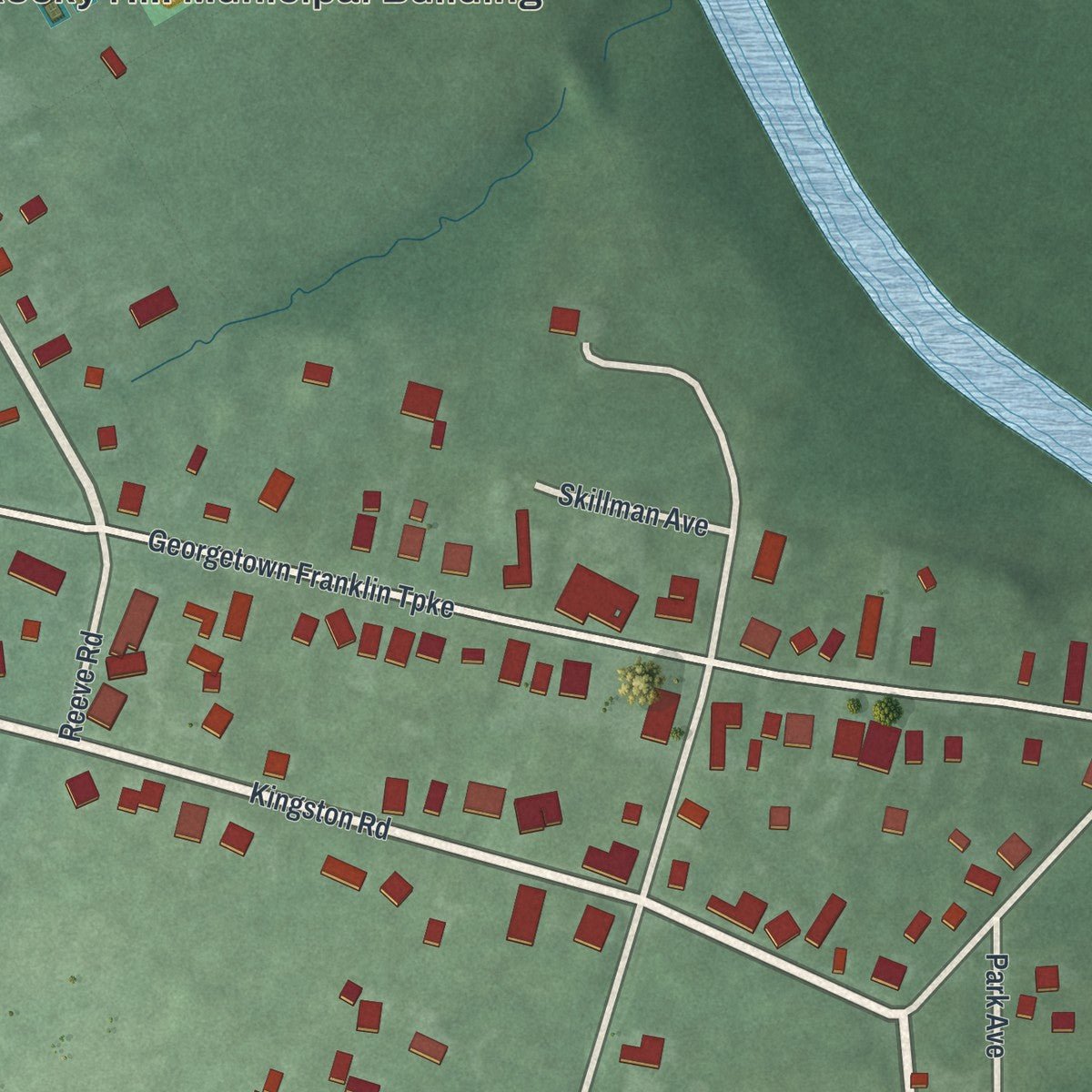 Second close-up of the map of Rocky Hill, New Jersey print showing more streets and buildings