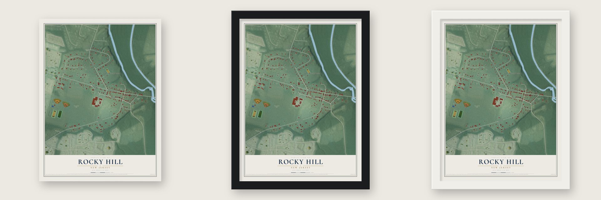 Rocky Hill, New Jersey map unframed, in a black wood frame and in a white wood frame