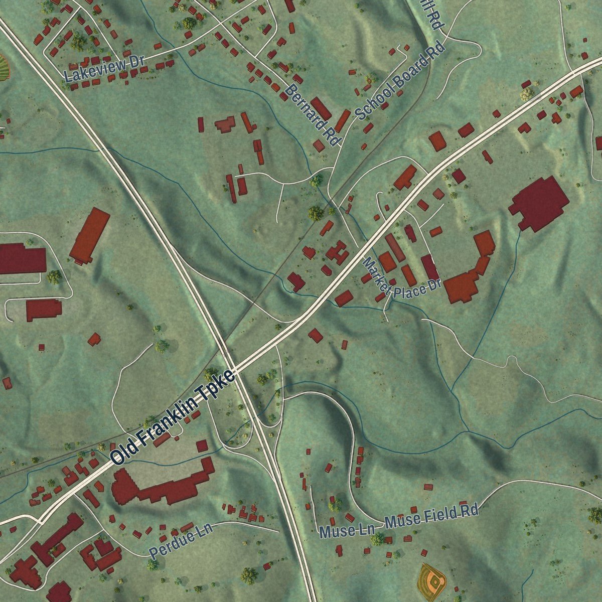 Second close-up of the map of Rocky Mount, Virginia print showing more streets and buildings