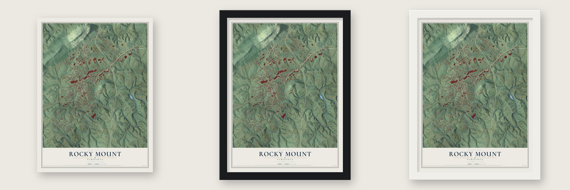 Rocky Mount, Virginia map unframed, in a black wood frame and in a white wood frame