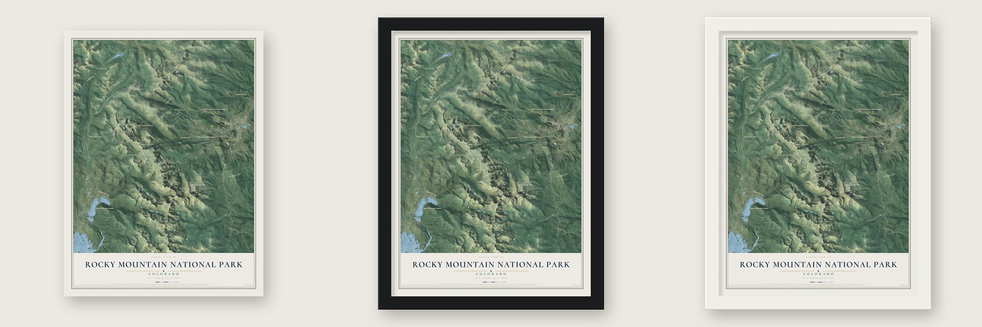 Rocky Mountain National Park, Colorado map unframed, in a black wood frame and in a white wood frame