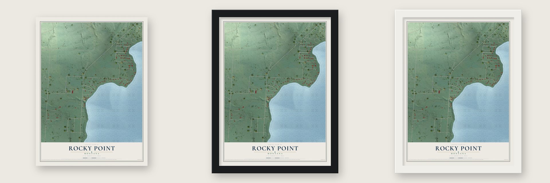 Rocky Point, Montana map unframed, in a black wood frame and in a white wood frame